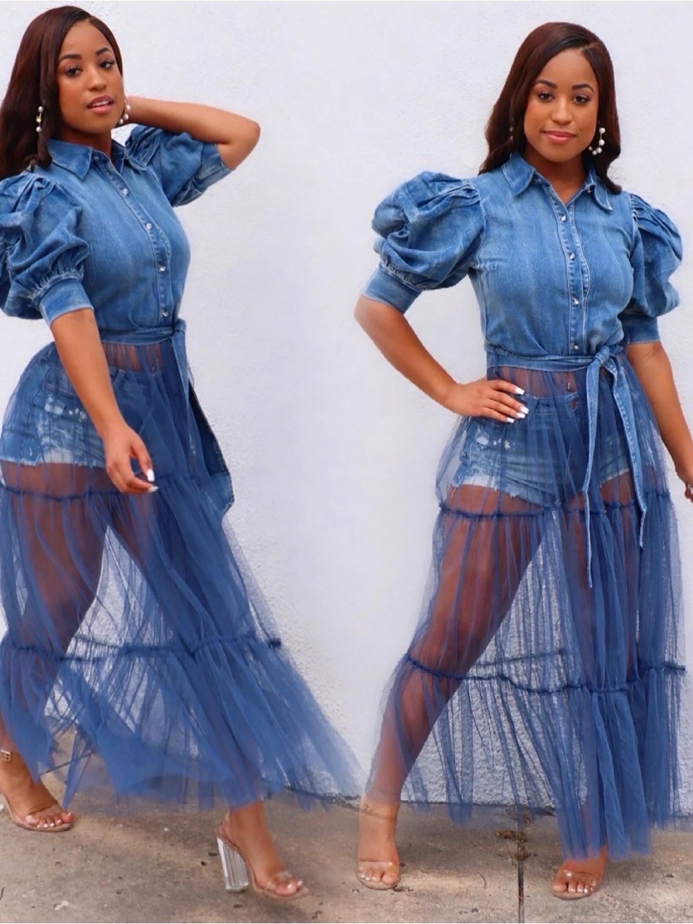 DENIM TULLE TOP (LIGHT DENIM)